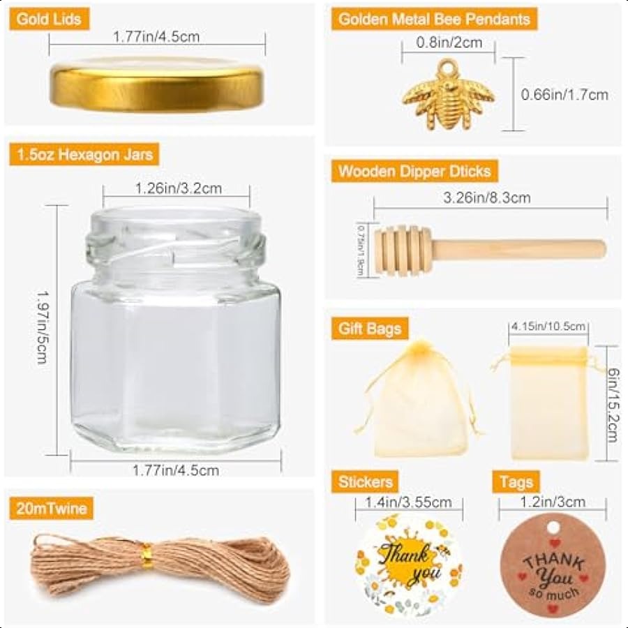 1.5 oz Mini Glass Honey Jars Honey Jars Party Favors in Bulk with Dipper Stickers Gold Lid The Golden Bee pendant Gift Bags and