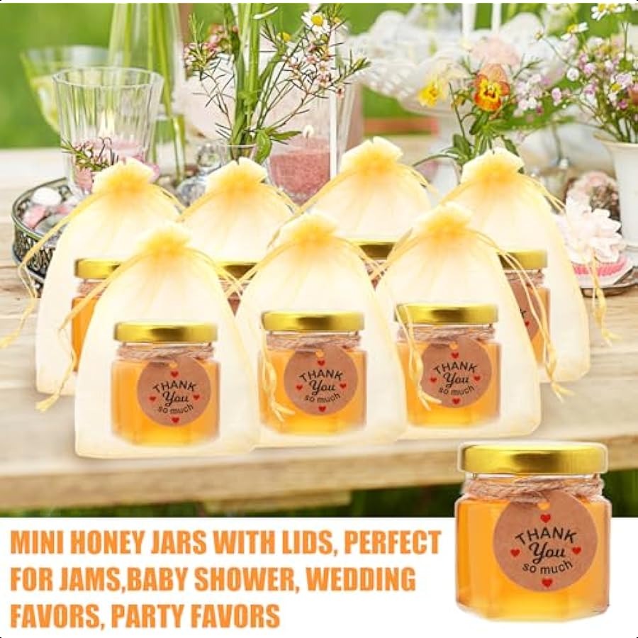 1.5 oz Mini Glass Honey Jars Honey Jars Party Favors in Bulk with Dipper Stickers Gold Lid The Golden Bee pendant Gift Bags and