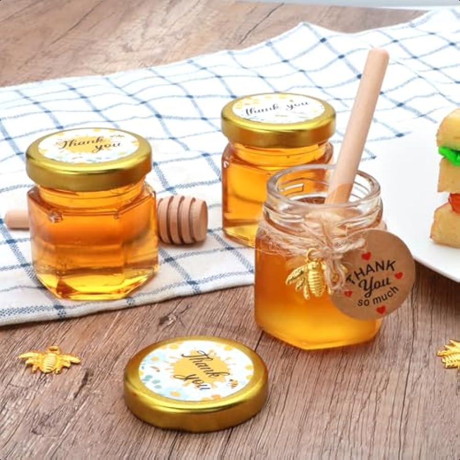 1.5 oz Mini Glass Honey Jars Honey Jars Party Favors in Bulk with Dipper Stickers Gold Lid The Golden Bee pendant Gift Bags and