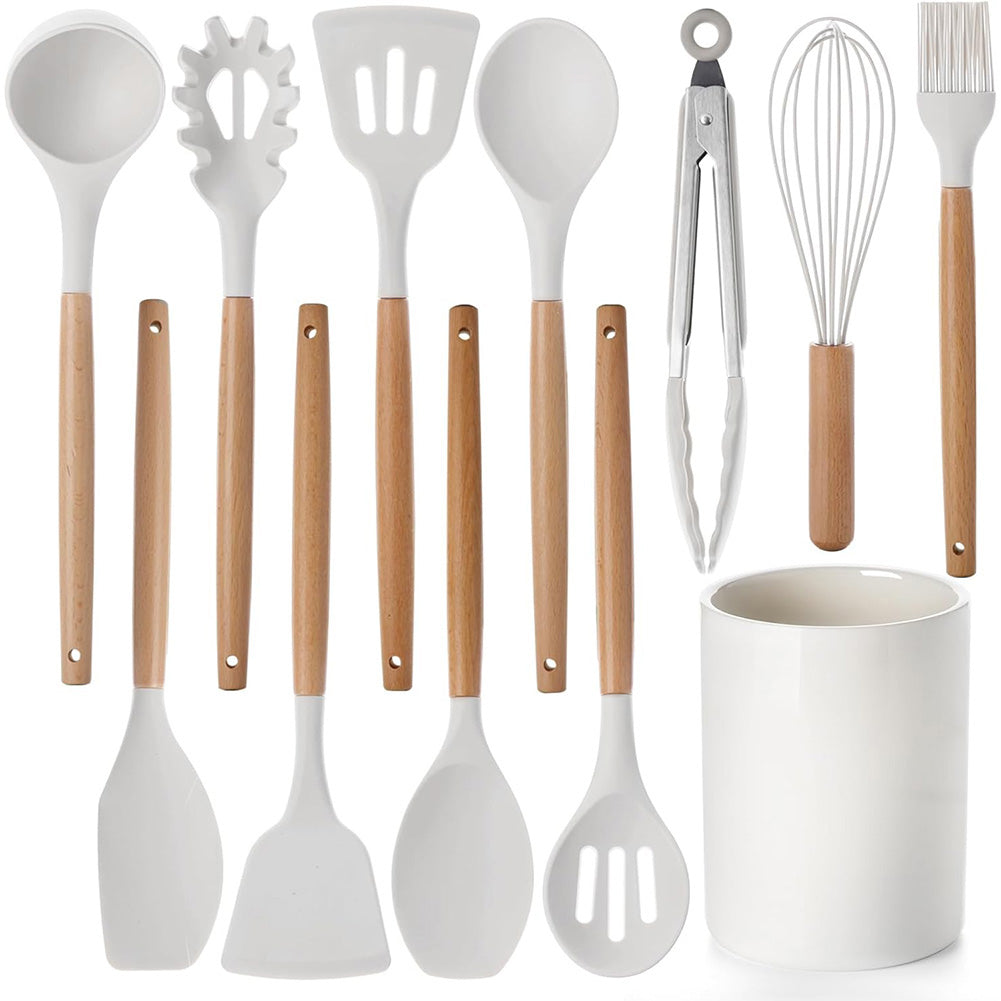12Pcs Kitchen Utensil Set Silicone Spatula Set Wooden Handle Non-Stick Spatula Set Spatula Spoon Brush Whisk Kitchen Supplies