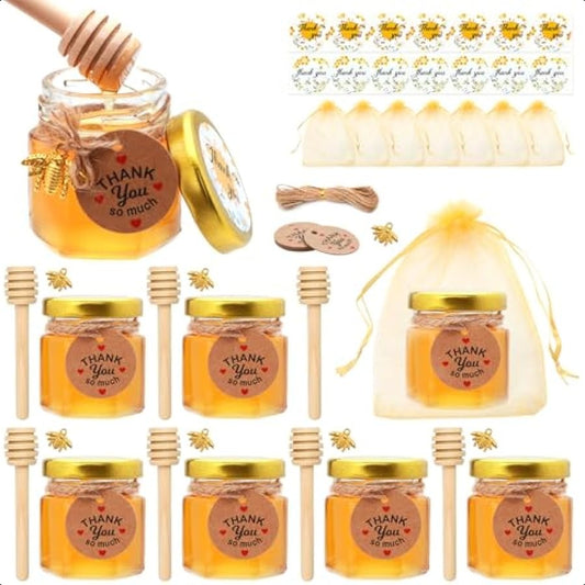 1.5 oz Mini Glass Honey Jars Honey Jars Party Favors in Bulk with Dipper Stickers Gold Lid The Golden Bee pendant Gift Bags and