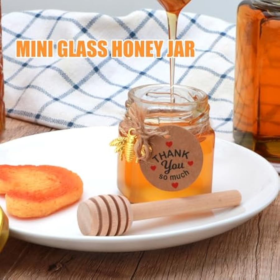 1.5 oz Mini Glass Honey Jars Honey Jars Party Favors in Bulk with Dipper Stickers Gold Lid The Golden Bee pendant Gift Bags and